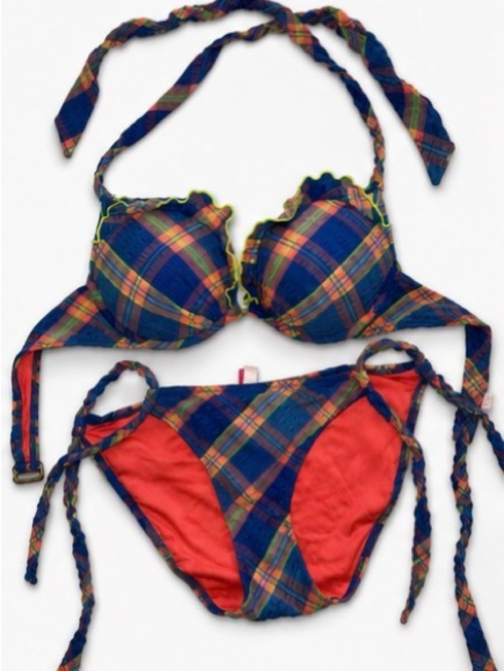Victoria's Secret Blue Plaid Bikini Top with NEON Accents